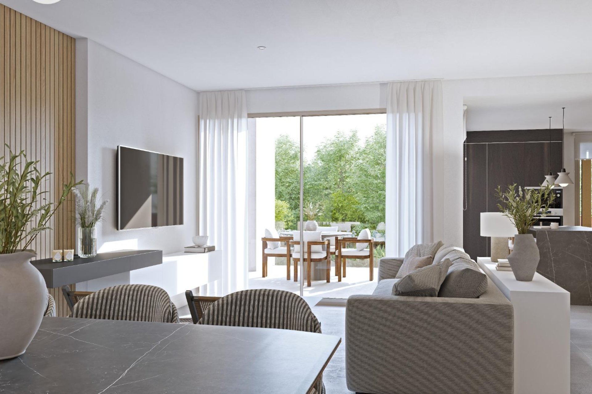 Bright and spacious living room with large windows