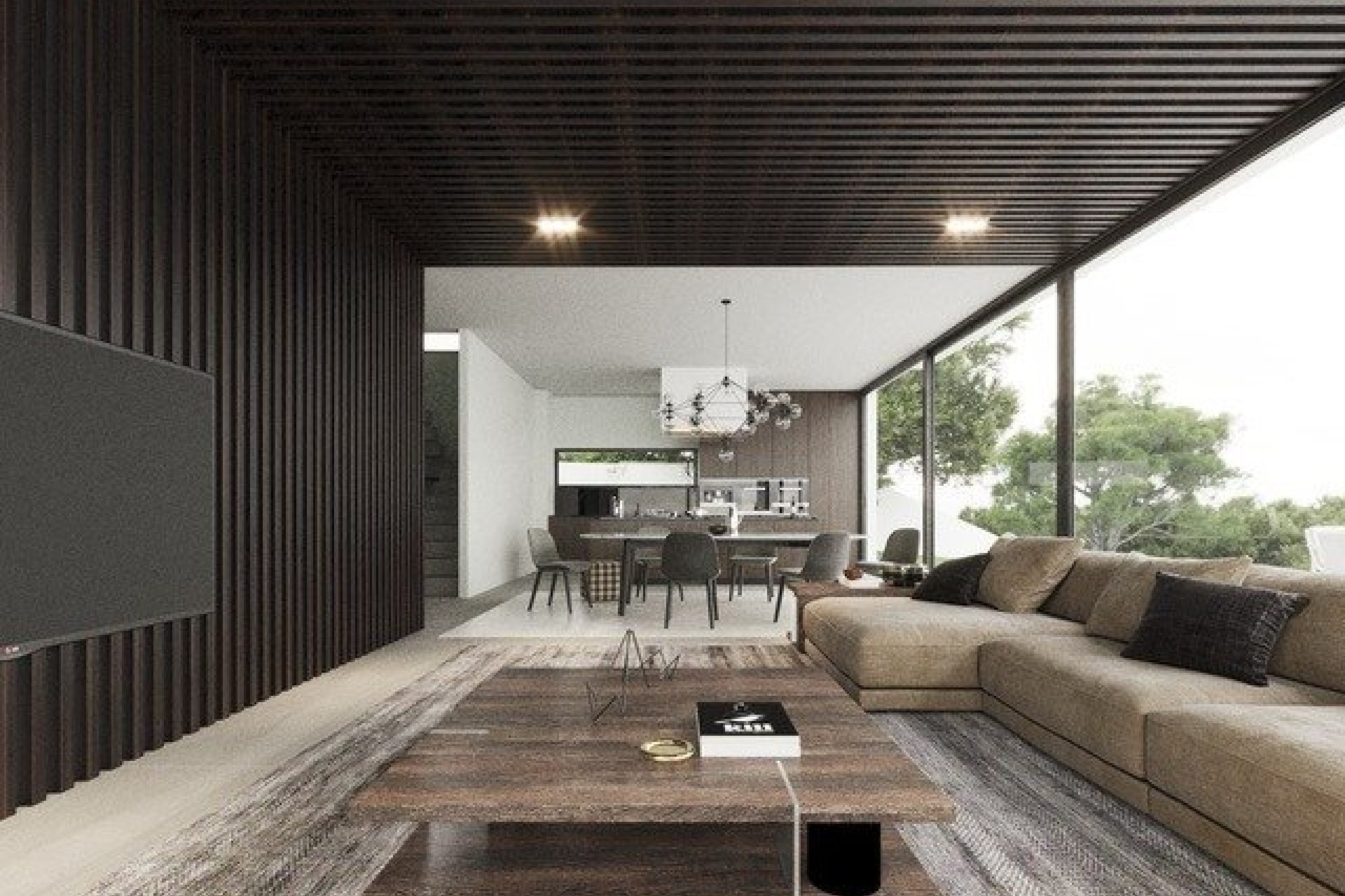 Bright living room with panoramic windows in Altea villa