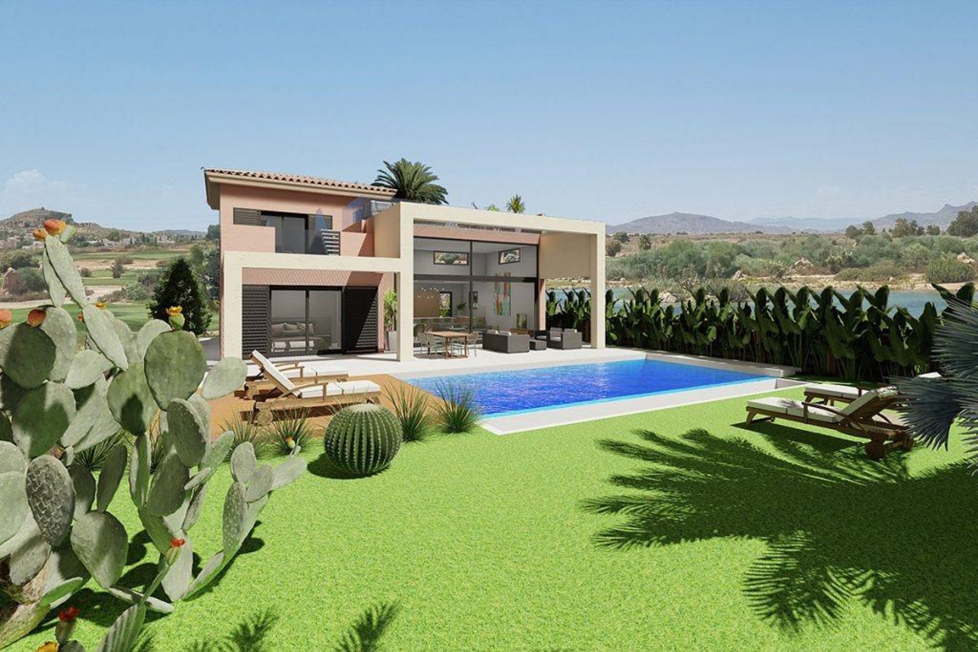 Fachada moderna con piscina y vistas al golf 