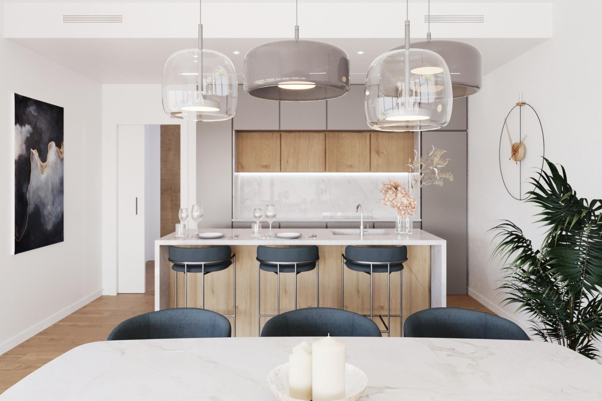 Fully equipped open plan kitchen 