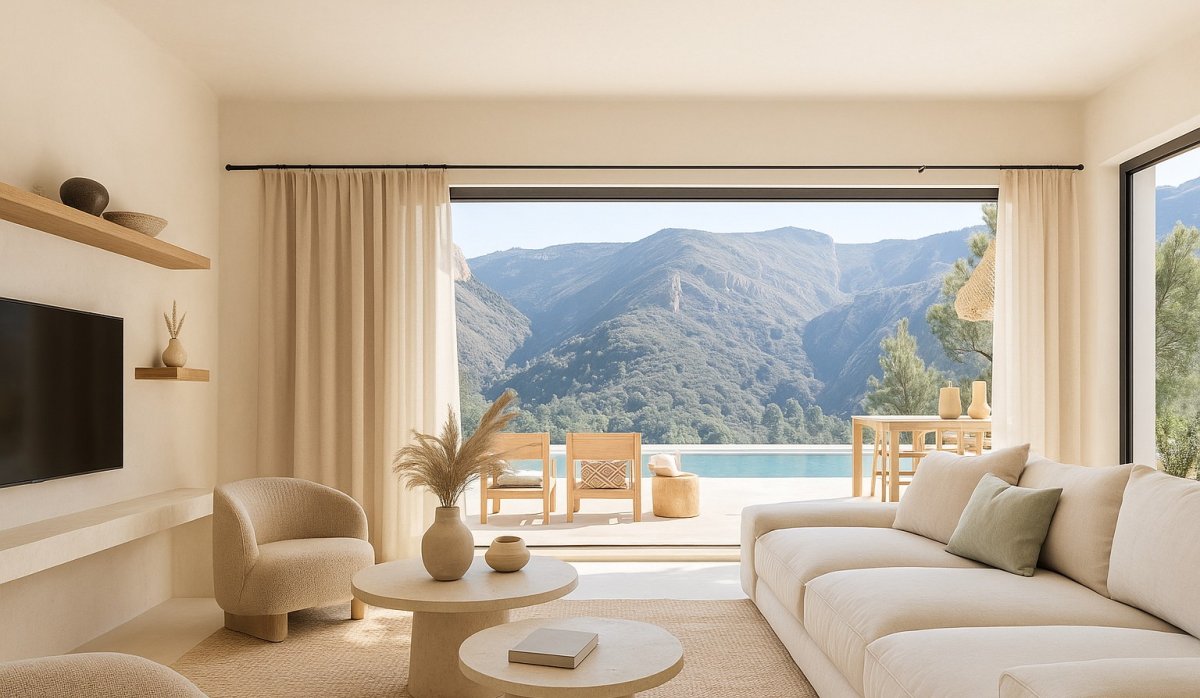 Salón – Elegante villa con vistas panorámicas a la montaña, piscina privada y amplia parcela en Monte Solana, Pedreguer (Costa Blanca – Alicante)